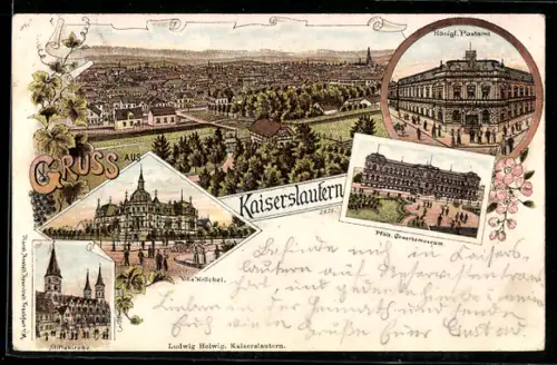 Lithographie Kaiserslautern, Villa Kröckel, Königl. Postamt, Stiftskirche