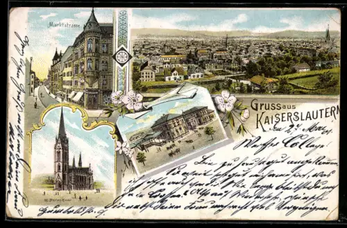 Lithographie Kaiserslautern, Totalansicht, Partie in der Markstrasse und St. Marienkirche