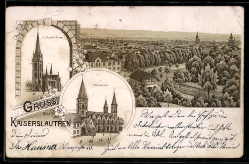 Lithographie Kaiserslautern, Totalansicht, St. Marien-Kirche und Stiftskirche