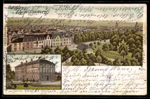 Lithographie Kaiserslautern, Totalansicht des Ortes und Gymnasium