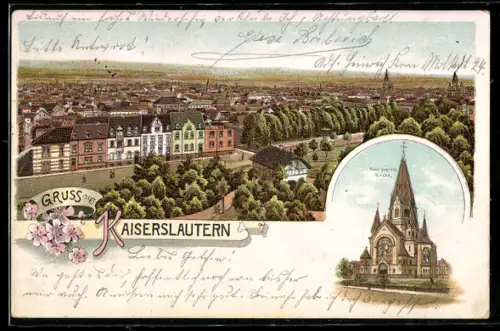 Lithographie Kaiserslautern, Gesamtansicht, Neue protest. Kirche