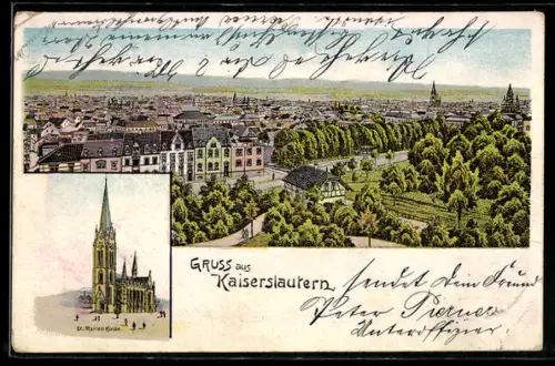 Lithographie Kaiserslautern, Totalansicht und St. Marien-Kirche
