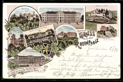 Lithographie Zweibrücken / Rheinpfalz, Schloss in Zweibrücken, Kurort Villa Donnersberg u.a.