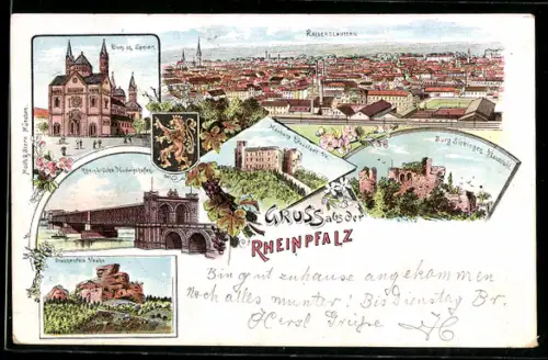 Lithographie Kaiserslautern /Rheinpfalz, Totalansicht, Dom in Speier, Burg Sickinben