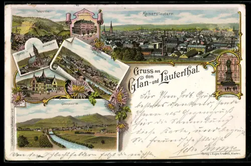 Lithographie Kaiserslautern, Glan- und Lauterthal, Buchhandlung von Eugen Crusius, Bahnhof Meisenheim, Wolfstein