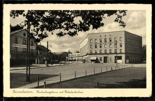 AK Kaiserslautern, Partie in der Hindenburgstrasse mit Protestantenhaus und Möbelfabrik Barbarossakeller