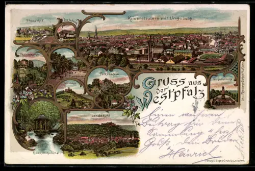 Lithographie Kaiserslautern, Ortsansicht mit Umgebung, Falkenstein, Bremerhof