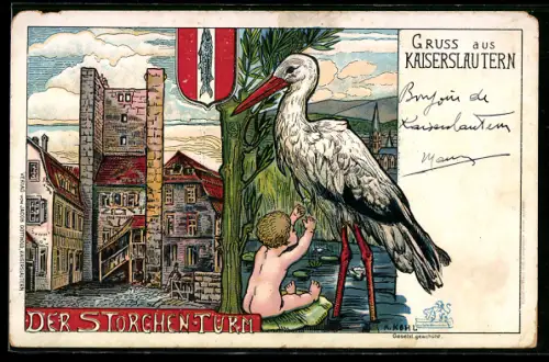 Lithographie Kaiserslautern, Strassenpartie und Klapperstorch mit Kind
