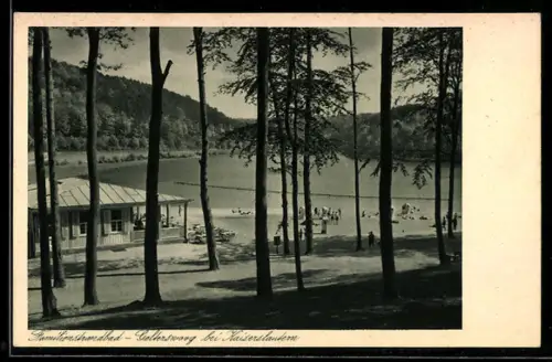 AK Gelterswoog bei Kaiserslautern, Familienstrandbad, Ansicht vom Wald