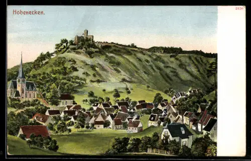 Künstler-AK Hohenecken, Ortsansicht mit Kirche und Burgruine
