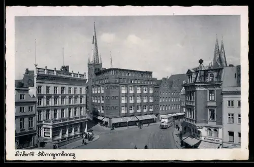 AK Lübeck, Strasse Klingenberg, Kirchtürme, Geschäftshäuser, Omnibus