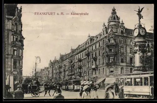 AK Frankfurt a. M., Kaiserstrasse, Strassenbahnen, Uhrensäule