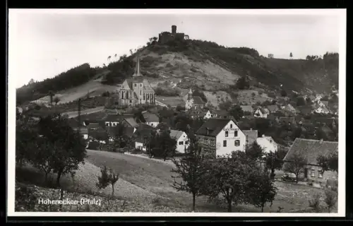AK Hohenecken /Pfalz, Burgruine u. Ortsansicht mit Cafe Nauerz