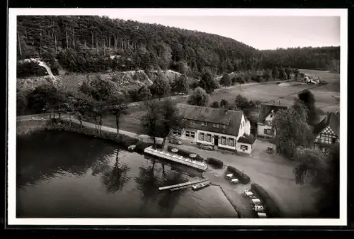 AK Gelterswoog bei Kaiserslautern, Gasthaus und Pension J. Schmitt aus der Vogelschau