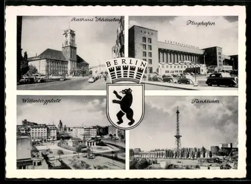 AK Berlin, Flughafen Tempelhof, Hauptgebäude mit Parkplatz, Rathaus Schöneberg, Funkturm, Wittenbergplatz