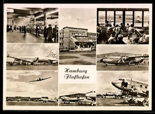AK Hamburg, Hauptgebäude vom Flughafen Hamburg, Passagierflugzeuge auf dem Flugfeld