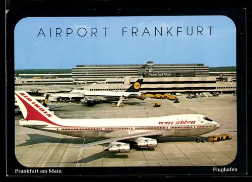 AK Frankfurt am Main, Flughafen-Hautpgebäude, Passagierflugzeuge der Air India und Lufthansa