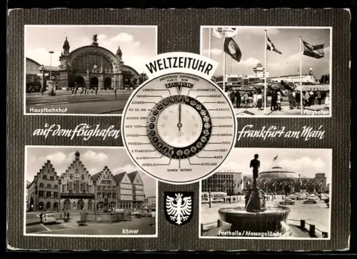 AK Frankfurt am Main, Flughafen, Passagierflugzeug der Lufthansa, Weltzeituhr, Hauptbahnhof