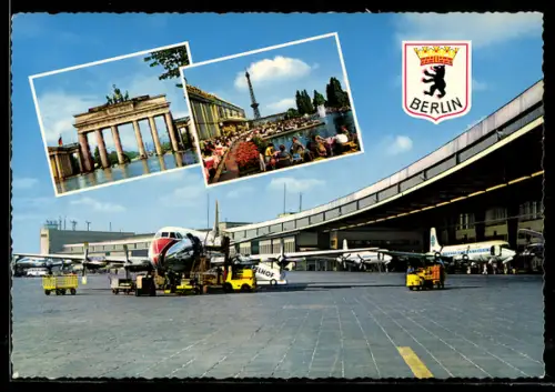 AK Flughafen Berlin-Tempelhof, Maschine bei der Abfertigung, Brandenburger Tor, Funkturm