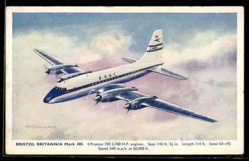 Foto-AK Passagierflugzeug Bristol Britannia Mark 100 der BOAC im Flug über den Wolken