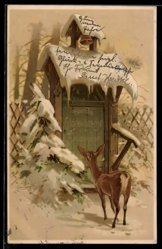 Lithographie Reh schaut auf die Tafel: Herzliche Glückwünsche zum Jahreswechsel