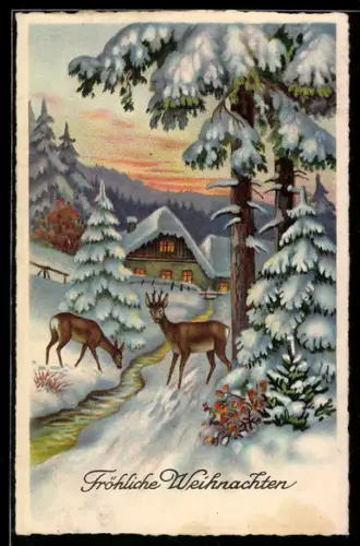AK Zwei Rehe an einem Bach im Schnee, Haus, Weihnachtsgruss