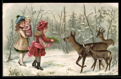 AK Kinder füttern Rehe mit Gras im winterlichen Wald