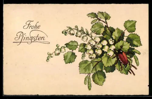 AK Maikäfer auf einem Birken-Maiglöckchen-Strauss, Pfingstgruss