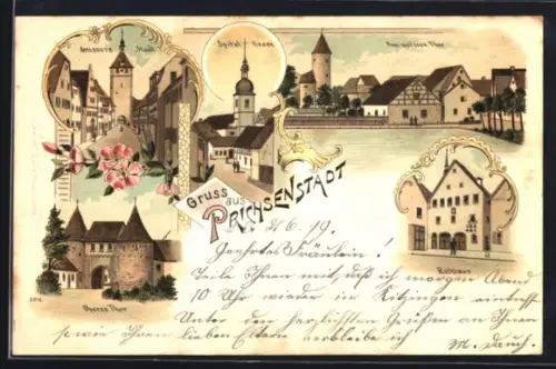 Lithographie Prichsenstadt, Rathaus, Spital-Gasse, Aeussere Stadt