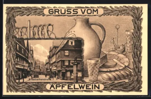 AK Frankfurt-Sachsenhausen, Elisabethenstrasse mit Geschäften, gedeckter Tisch, Gasthaus Äpfelwein