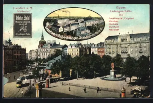 AK Frankfurt a. M., Engelswerk Foche-Solingen Stahlwaren-Fabrik, Schillerplatz, Ladengeschäfte in München u. Nürnberg