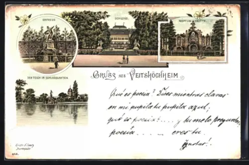 Lithographie Veitshöchheim, Schloss, Neptun-Grotte, Orpheus