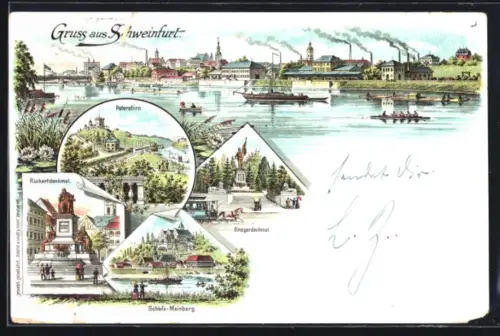 Lithographie Schweinfurt, Peterstirn, Rückertdenkmal, Kriegerdenkmal, Schloss Mainberg
