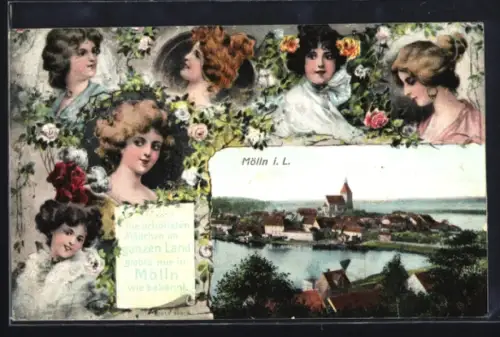 AK Mölln i. L., Teilansicht mit Kirche, Frauenportraits, Passepartout