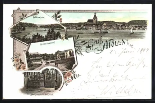 Lithographie Mölln / Lbg., Hanseatendenkmal, Schützenhof, Schmalsee, Gesamtansicht