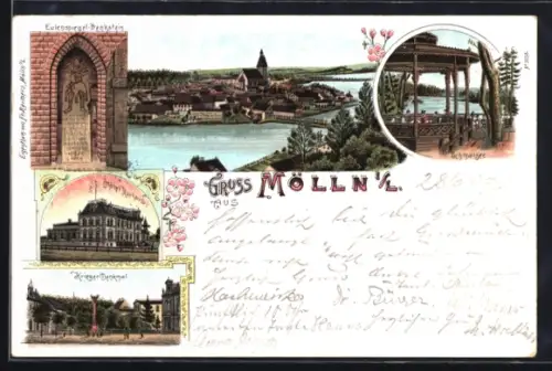 Lithographie Mölln, Eulenspiegel-Denkstein, Schmalsee, Blick zum Ort, Hotel Kurhaus, Krieger-Denkmal