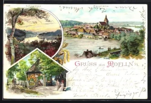 Lithographie Moelln i. L., Schmaalsee, Hermansquelle, Panorama
