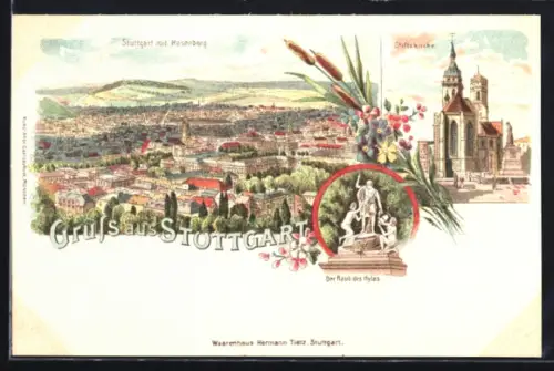 Lithographie Stuttgart, Gesamtansicht, Stiftskirche