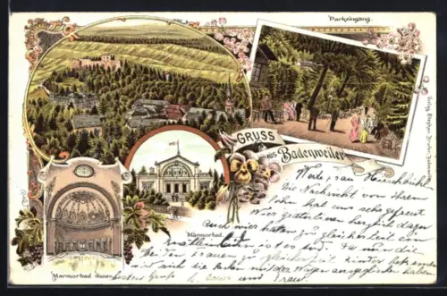 Lithographie Badenweiler, Marmorbad, Parkeingang, Totalansicht
