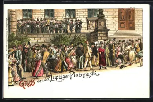 Lithographie Leipzig, Kapelle spielt Leipziger Platzmusik
