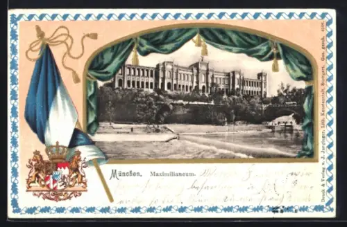 Passepartout-Lithographie München, Maximilianeum, Wappen mit Flagge