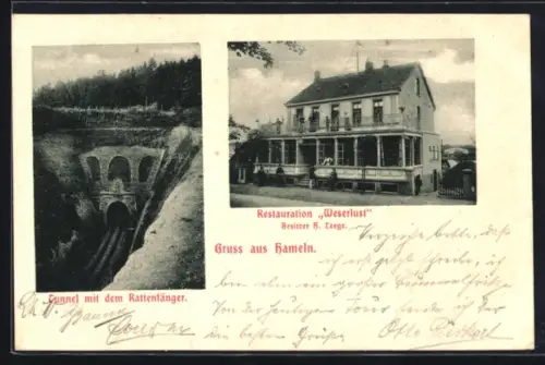 AK Hameln, Restaurant Weserlust, Tunnel mit dem Rattenfänger