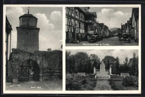 AK Neumorschen a. Fulda, Strassenpartie mit Gast- und Logierhaus Horn, Tor, Denkmal