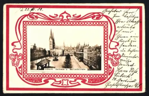 Lithographie Lübeck, Rathaus und Marienkirche