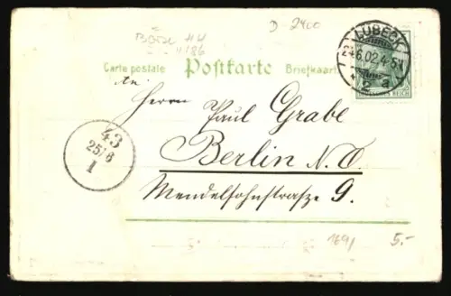 Lithographie Lübeck, Rathaus und Marienkirche