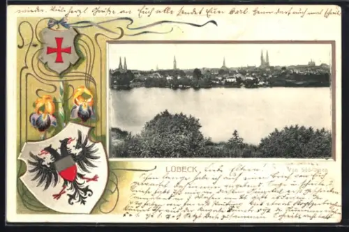 Passepartout-Lithographie Lübeck, Ansicht von Süd-Osten mit geprägten Wappen