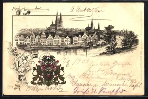 Passepartout-Lithographie Lübeck, Flusspartie im Ort