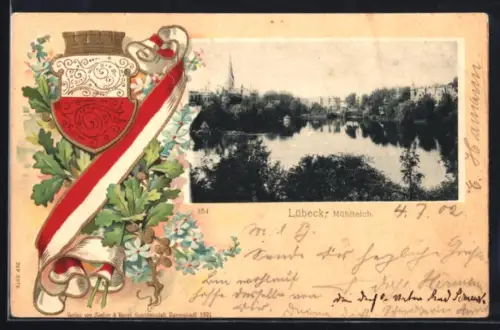 Passepartout-Lithographie Lübeck, Mühlteich, Wappen mit Fahnenband