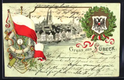 Passepartout-Lithographie Lübeck, An der Trave mit Kirche, Wappen