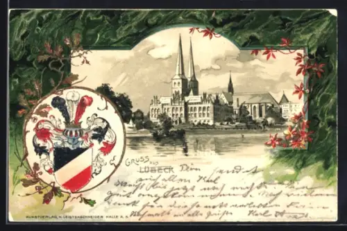 Passepartout-Lithographie Lübeck, Ortspartie und Wappen